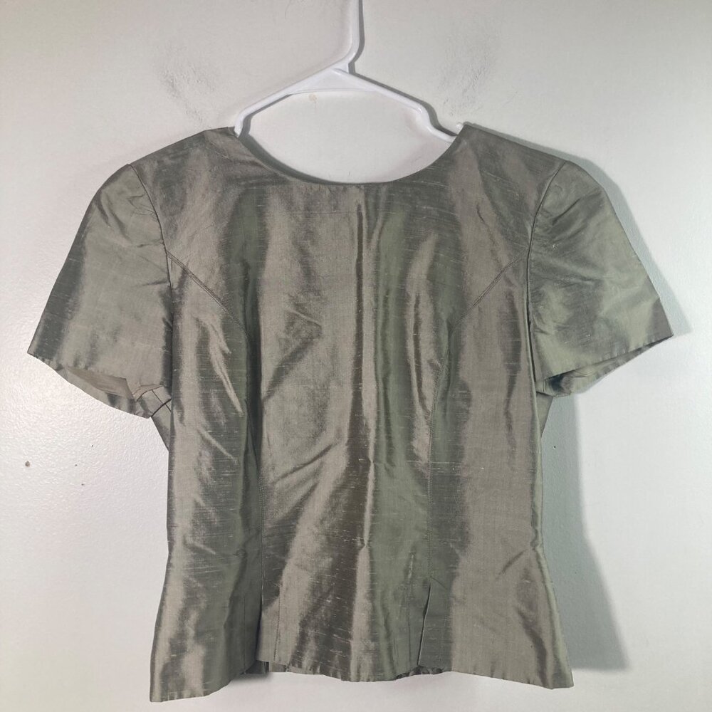 Womens Vintage Maggy London Slub Silk Top Short Sleeveโ Gray 4 Lined Button Back